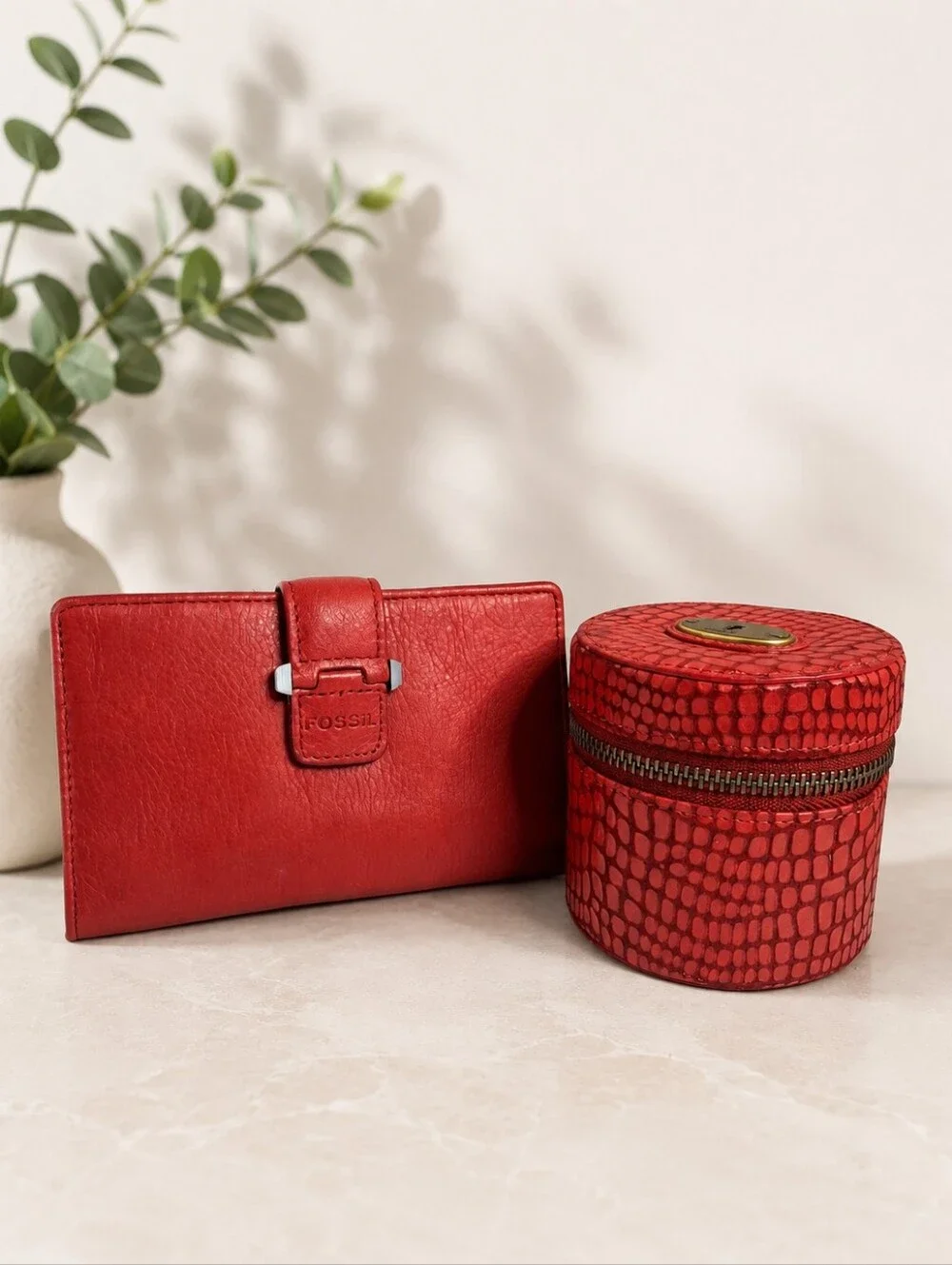 Fossil Red Leather Wallet & Croc Embossed Jewelry Travel Case Set